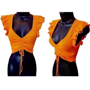 Zara Butterfly Sleeve Knit Cropped Top in Orange Women’s M